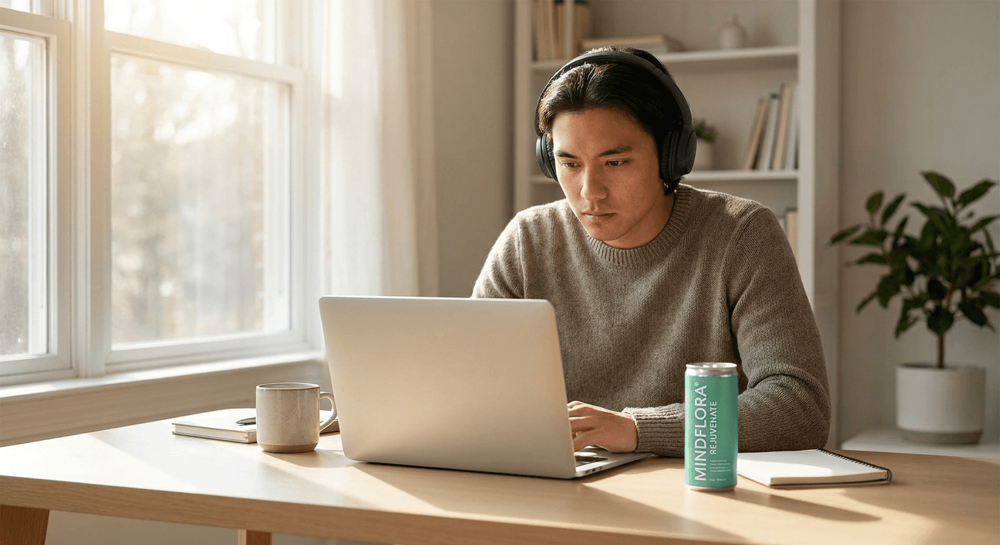 A professional in flow state at a desk with a MINDFLORA® can beside the laptop